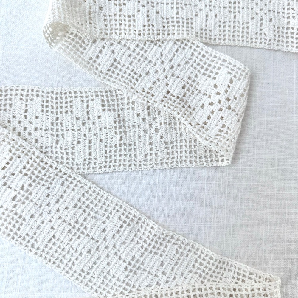 Vintage Handmade Filet Crochet Lace Trim Cream Cotton Ribbon 1 Yard 66"